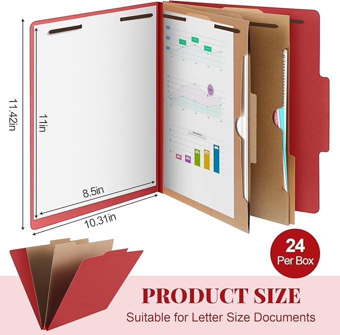 24 Pcs Classification Folders Letter Size, Back to School Supply for Teacher, Student, 2 Pocket Dividers Pressboard File Folder Bulk with 2 Fasteners, 2 in Expanding File Organizer (Red)