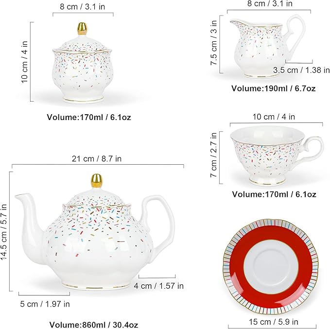 fanquare 21-Piece Red English Porcelain Tea Sets, 6 Cups and Saucers, Colorful Sprinkle Sugar Bone China Tea Set for Afternoon Tea Party, Birthday, Celebrations