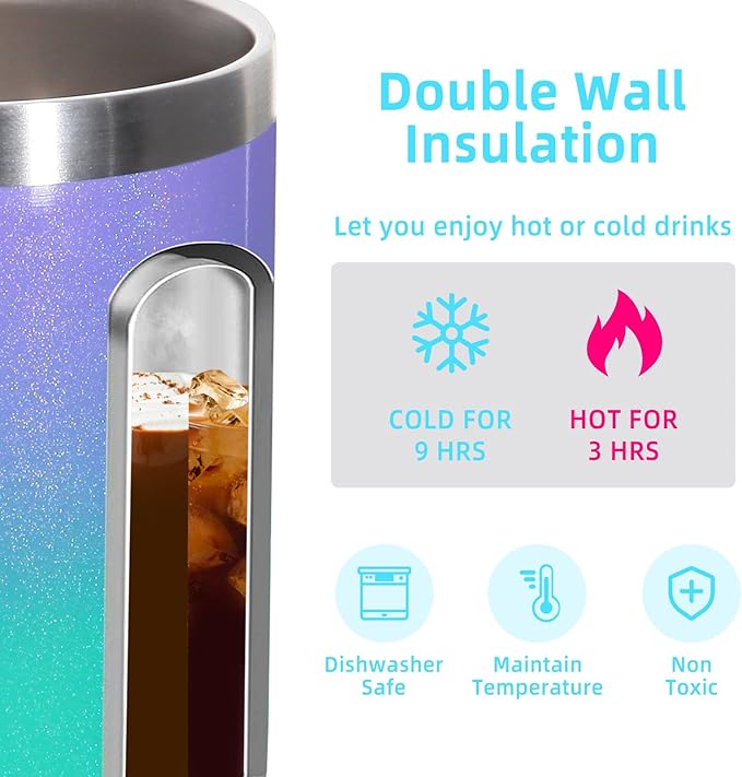Volhoply 14oz Insulated Stainless Steel Coffee Mug with Leakproof Lid,Double Wall Vacuum Travel Coffee Cup with Handle,Reusable Cups Tumbler,Camping Mugs Keep Hot,Ideal Gifts(Purple Green,1)