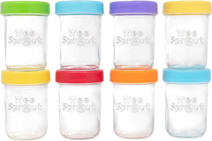 WeeSprout Glass Baby Food Storage Jars w/Lids (8 oz, 8 Pack Set) Snack, Puree, Reusable Small Containers, Breast Milk, Fridge or Freezer, Microwave & Dishwasher Safe, Essential Must Have for Infants