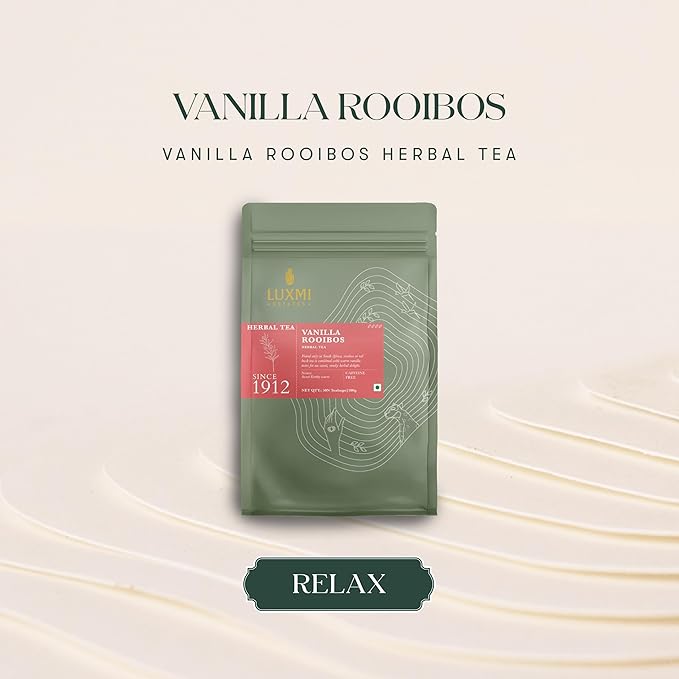 Luxmi Estates Rooibos Vanilla Organic Rooibos Tea (50 Tea Bags) Caffeine Free Tea Bags For Relaxing, Calming, and Stress Relief, With Certified Organic Herbal Tea