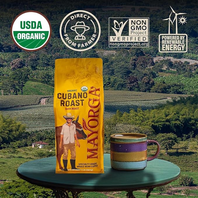 Mayorga Organic Coffee 2lb Cafe Cubano Roast - Dark Roast Whole Bean Specialty Grade Coffee, 100% Arabica, Slow Roasted, Bold and Smooth Flavor with Low Acidity - USDA Organic, Non-GMO, Kosher
