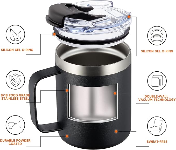 ALOUFEA 12oz Insulated Coffee Mug Cup with Handle, Stainless Steel Travel Coffee Mug with Flip Lid, Double Wall Vacuum Coffee Tumbler, Orange