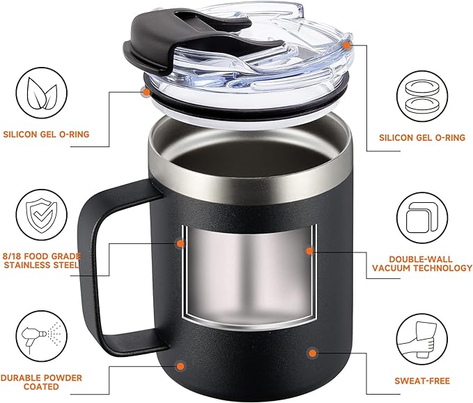 ALOUFEA 12oz Stainless Steel Insulated Coffee Mug with Handle, Double Wall Vacuum Tumbler Cup with Fliping Lid, Black, 4 Pack