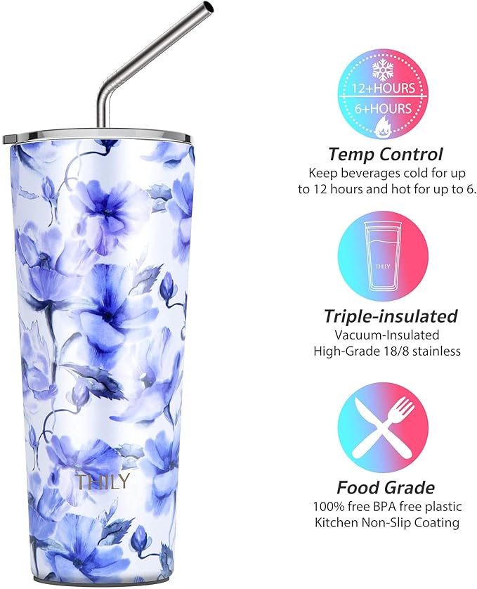 THILY Stainless Steel Vacuum Insulated Tumbler 26 oz Triple-Insulated Travel Mug with Splash-Proof Lid, for Iced Coffee and Hot Beverage, Iridaceae + Red Lotus