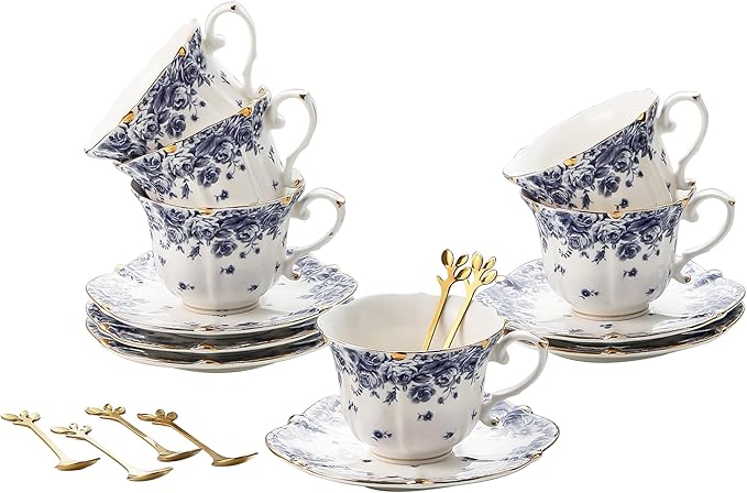 TATSUMI Country Roses Bone China Tea Cup and Saucer Set, 6 Pieces, Vintage Style, For Women and Tea Parties（sky blue，6 sets）