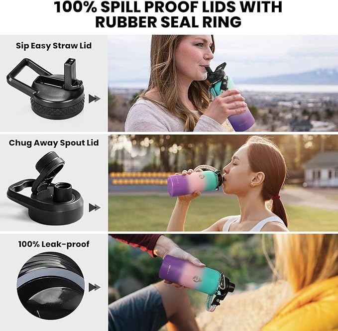 Insulated Water Bottle 32 oz, Triple Wall Vacuum Stainless Steel (Cold for 48 Hrs), Leak Proof & Non-BPA, Modern Water Flask Jug with Paracord Handle & Straw Spout Lids, Hydrangea