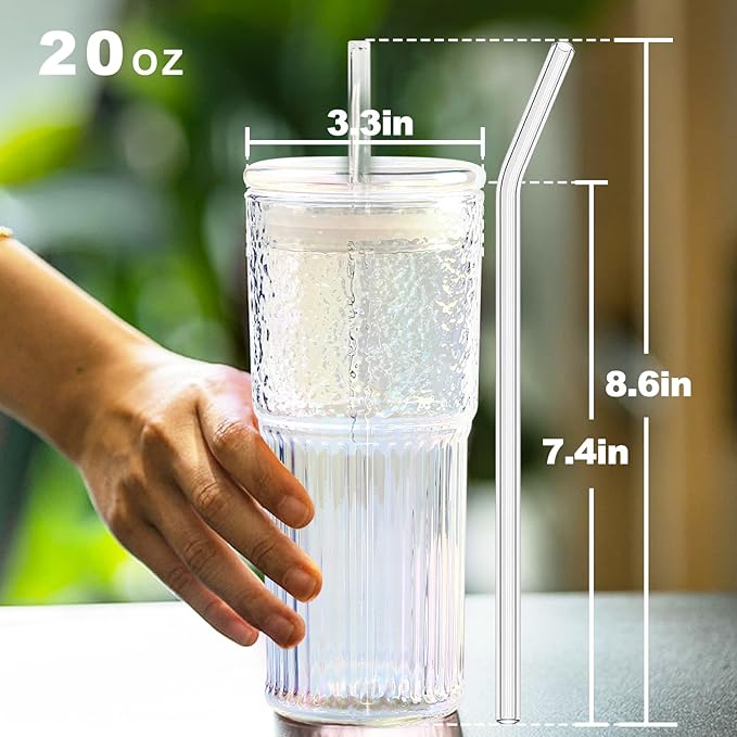 Glass Cups with Lids and Straws, 20 OZ Multi Iced Coffee Glasses Tumblers for Ice Water, Juice, Tea, Milk, Smoothie and Cold or Hot Drinks, Set of 2