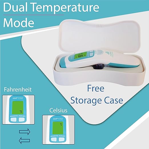 Amplim Non-Contact Forehead Thermometer & Case for Adults, Kids, Baby, FDA Cleared, Medical Grade, Touchless Infrared, 1-Sec Reading, Fever Alarm, Memory Recall, Quiet Mode, (White)