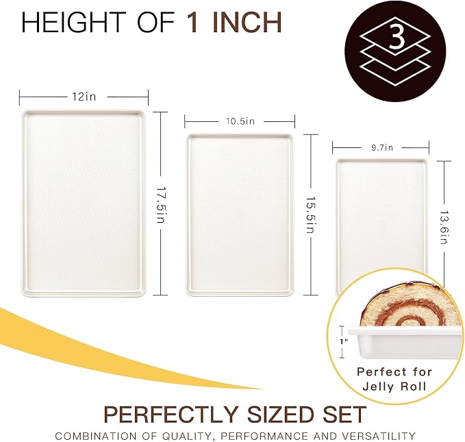 HONGBAKE 3 Pack Nonstick Ceramic Baking Sheet Pan Set for Oven, Non-Toxic Half/Quarter/Jelly Roll Pans with Diamond Texture, Heavy Duty 0.8mm Thick Aluminized Steel Cookie Trays for Cooking, Cream