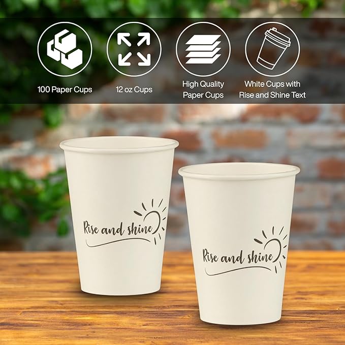 Smygoods Disposable Coffee Cups, To Go Paper Hot Cups, Rise and Shine Design (12 OZ, 100 Count) For Hot Beverages, Coffee, Tea, Espresso, Cocoa - Vasos Para Cafe