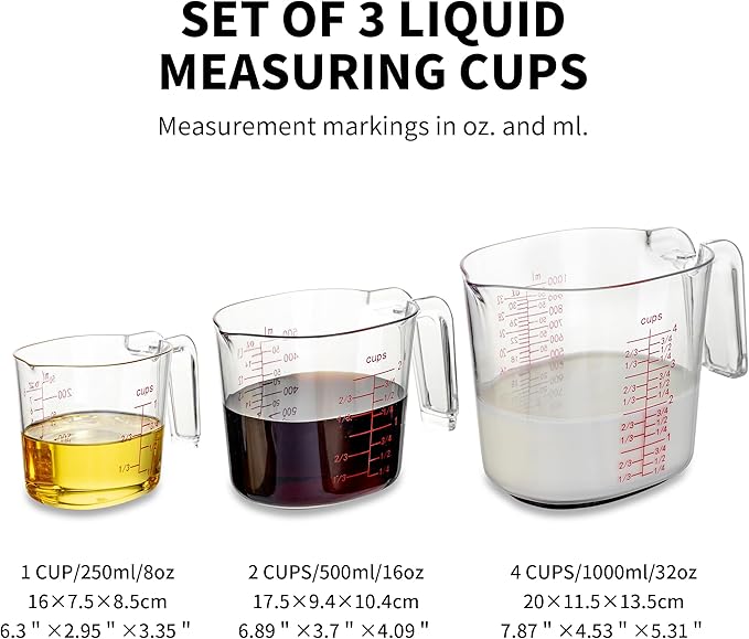 3PCS Nesting Liquid Measuring Cups Set, Measuring Jugs For Kitchen 1 Cup/250ml/8oz, 2 Cup/500ml/16oz,4 Cup/1000ml/32oz - BPA Free Plastic Set with Spout Multiple Measurement Scales (Clear)