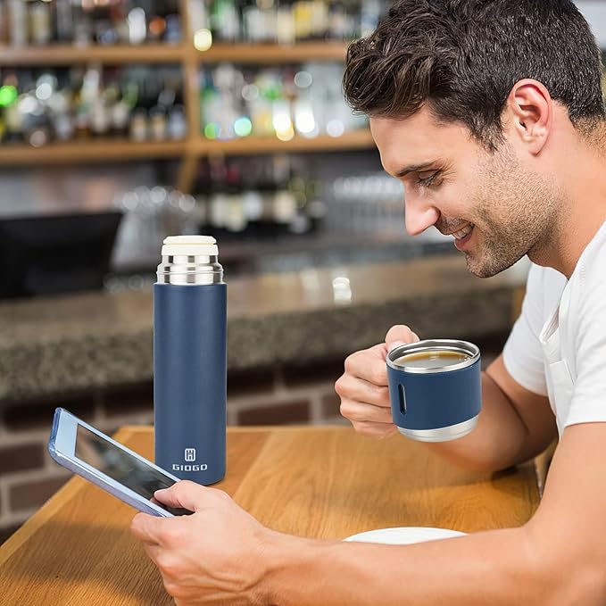 Stainless Steel Thermo 500ml/16.9oz Vacuum Insulated Bottle with Cup for Coffee Hot drink and Cold drink water flask.(Blue,Set)