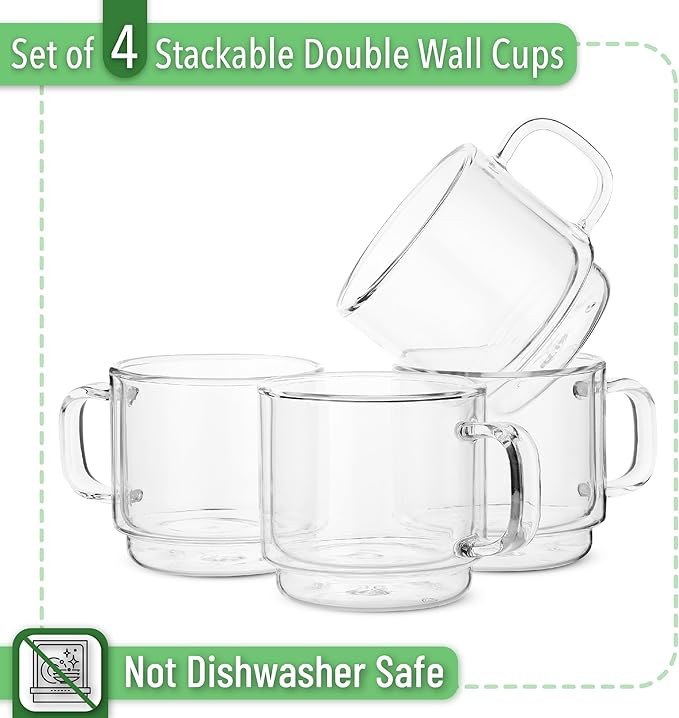 BTaT- Stackable Insulated Coffee Mugs, Glass Tea Mugs, Set of 4 (12 oz, 350 ml), Double Wall Glass Coffee Cups, Tea Cups, Latte Cups, Beer Glasses, Latte Mug