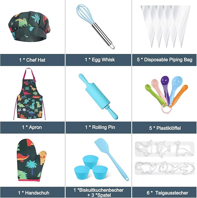 Anpro Complete Kids Cooking and Baking Set - 27 Pcs Includes Aprons for Girls, Chef Hat, Mitt & Utensil to Dress Up Chef Costume Career Role Play for 3-7 Years Boys