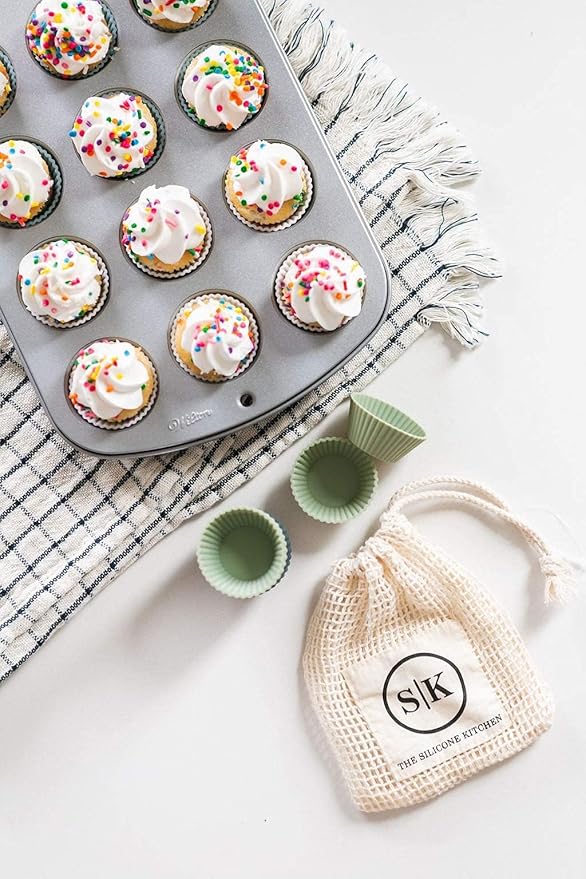 The Silicone Kitchen Reusable Mini Silicone Baking Cup, Non-Toxic, BPA Free, Dishwasher Safe, Mini, 24 Pack, White Blue Green