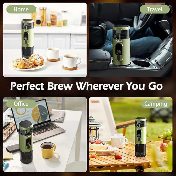 InkTrail Portable Electric Espresso Machine,Travel Coffee Maker for Camping, Self-Heating with Rechargeable Battery, Compatible with Ground Coffee & NS Original Capsule for Car, RV, Hiking, Office