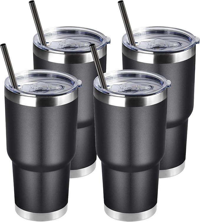 DOMICARE 30 oz Tumbler with Lid and Straw, Stainless Steel Tumblers Bulk, Insulated Vacuum Double Wall Travel Coffee Mug, Durable Powder Coated Tumbler Cups (Black, 4)