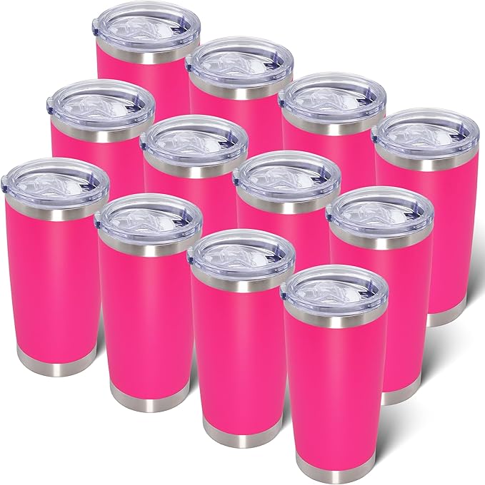 20oz Tumbler Bulk Stainless Steel Tumblers with Lid Vacuum Insulated Double Wall Travel Coffee Mug Powder Coated Tumbler Cup for Hot and Cold Drinks(Hot Pink, 12 pack)