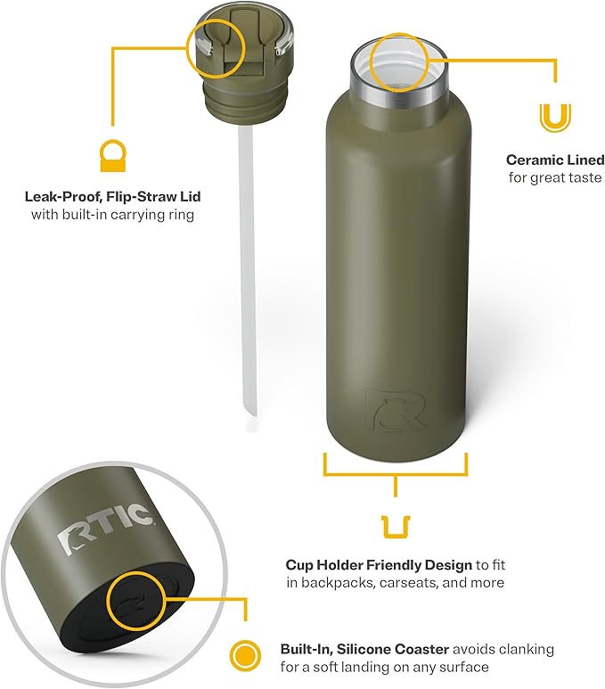 RTIC 20oz Journey Bottle Metal Stainless Steel Vacuum Insulated, BPA Free, Reusable, for Water, Hot and Cold Drinks, Travel, Sports, Camping, Olive