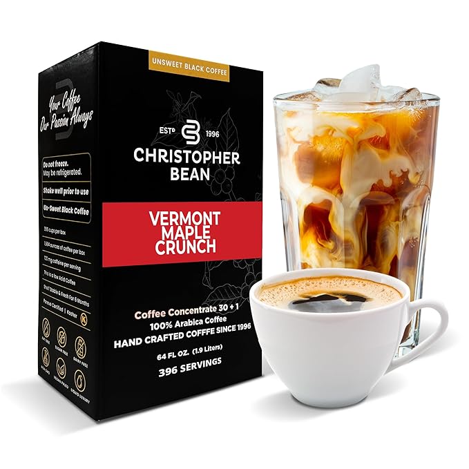 Christopher Bean Coffee - 396 servings, 30 to 1 Blend Bag in Box Liquid Instant Coffee or Cold Brew Coffee Concentrate - Hot or Iced Coffee - Vermont Maple