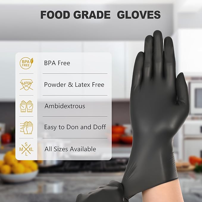Black Vinyl Gloves, Food Grade Gloves Disposable Latex Free & Powder Free, Guantes for Cleaning Cooking Food Prep