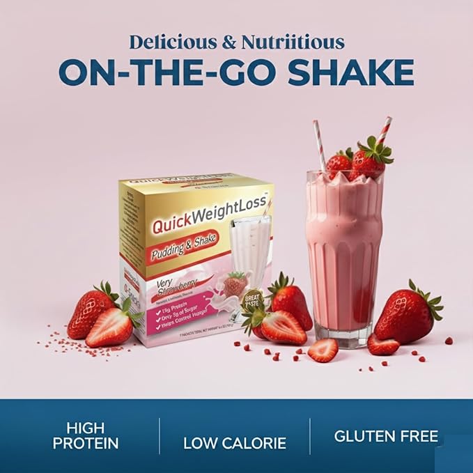 QuickWeightLoss Very Strawberry Pudding & Shake Mix - High Protein Shake - Low Calorie - Low Fat - Low Carb - Gluten Free, Aspartame Free - 15g Protein (7ct) / Box
