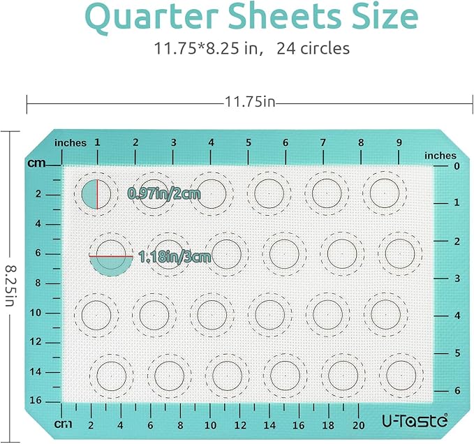 446ºF Heat Resistant Macaron Mat: U-Taste 11.75x8.25in Non Stick Silicone Baking Mat, Reusable Cookies Pastry Sheet Liner with Edge Enhancement & Circle Measurement for Cake Pan (Aqua Sky)