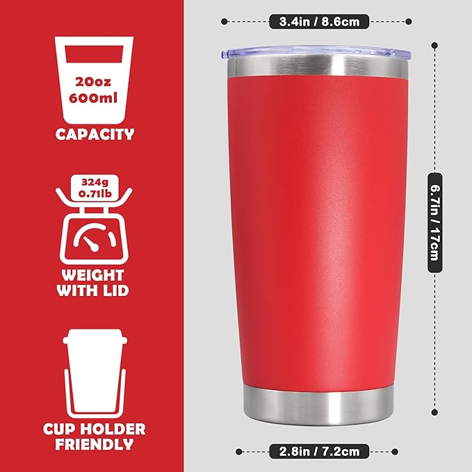 20oz Tumbler Bulk Stainless Steel Tumbler Cup with Lid Vacuum Insulated Double Wall Travel Mug, Durable Powder Coated Travel Coffee Tumbler Mug for Hot & Cold Drinks, Red,12 Pack