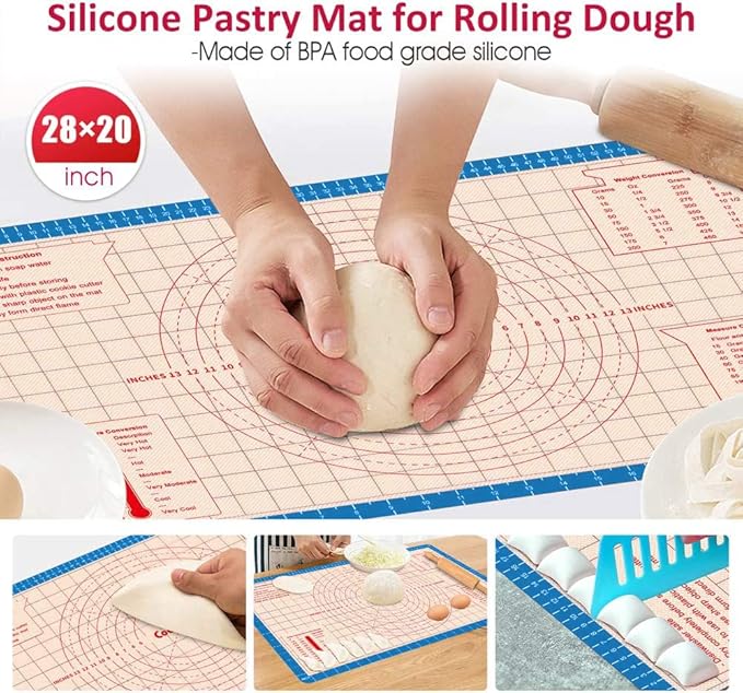 Pastry Baking Mat 28x20 Inch - Larger Silicone Baking Pastry Mat for Rolling Dough,Non Silp Silicon Dough Sheet Mat with Measurement,Perfect for Making Pie,Pizza(Blue)