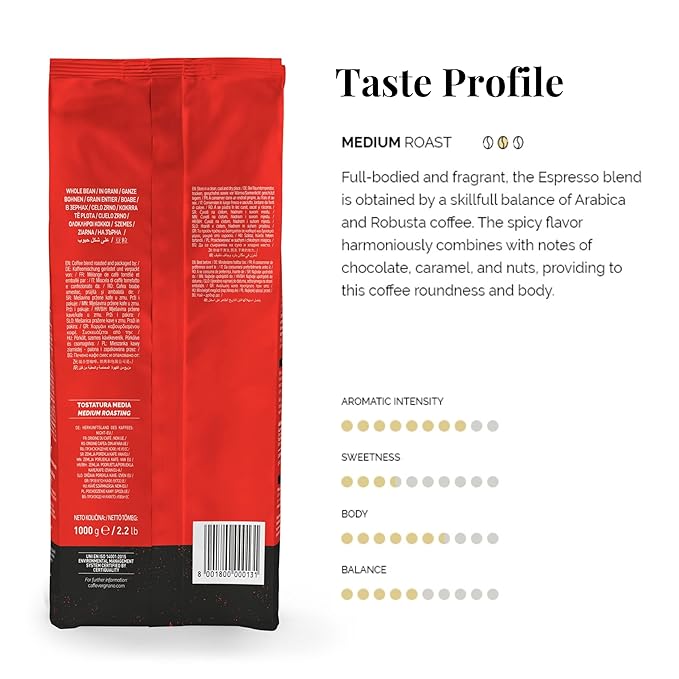 Caffe Vergnano 1882 Espresso Whole Bean Arabica Roast Coffee, 2.2 lb bag - Italian Medium Roast Coffee Beans with notes of Chocolate, Nuts & Caramel, Intensity 7/10-1000g Bag