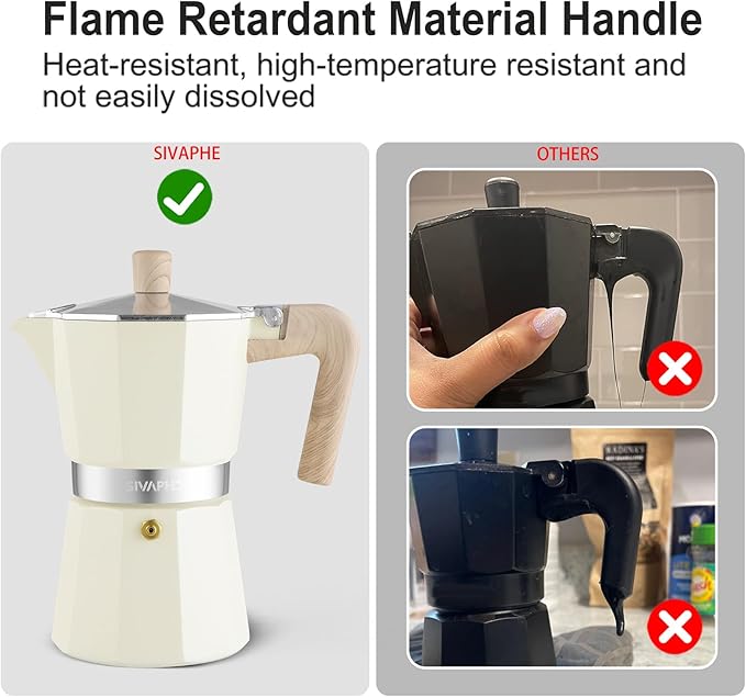 Sivaphe Aluminum Moka Pot 6 Espresso Cups, Percolator Espresso and Coffee Maker, Portable Stovetop Italian and Cuban Café Brewer for Home and Camping White
