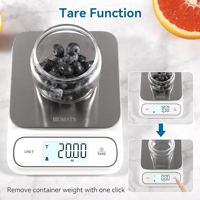 BOMATA Waterproof IPX6 Kitchen Scale, 0.1 g/0.01 oz High Precision, 5 kg/11 lbs, Digital Scale with Backlight, Stainless Steel Weighing Platform, for Food, Cooking, Baking, Weight Loss.. B619, White