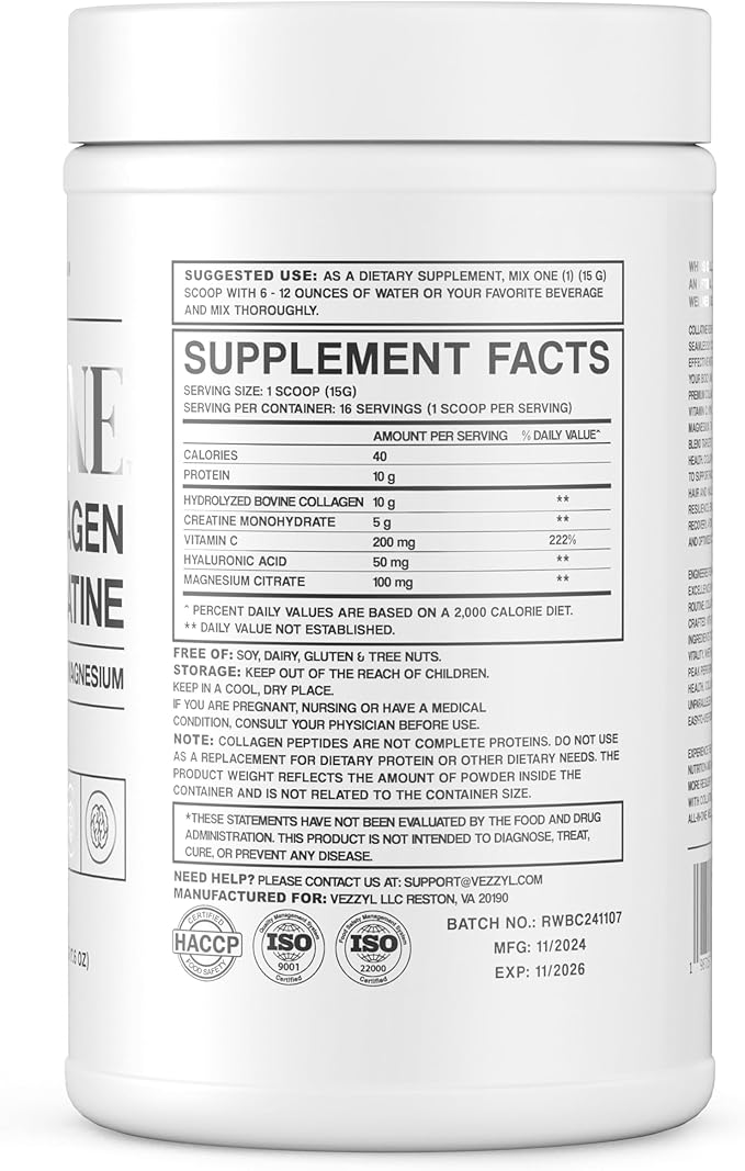 Collatine - Premium Collagen Peptides + Creatine with Vitamin C, Hyaluronic Acid and Magnesium for Skin, Hair, Nails, Bone & Joint, Muscle, Immune and Cognitive Aid (1.1 LB (500 G/17.6 OZ)
