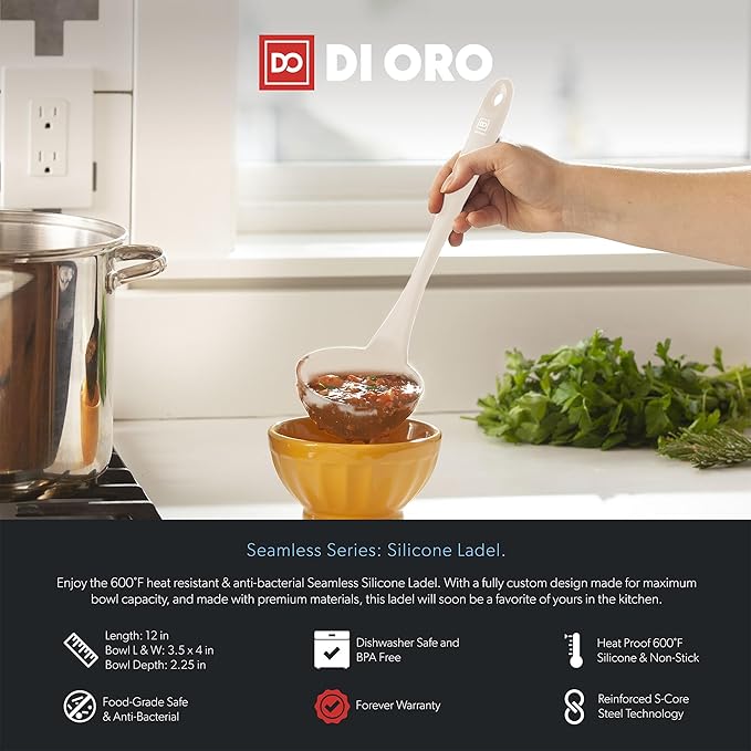 DI ORO Silicone Ladle – Soup Ladle for Cooking & Serving Heat-Resistant - Large Kitchen Soup Ladle Nonstick Cookware Safe - Soup Serving Spoon with Wide Bowl - Silicone Utensil Dishwasher Safe (Clay)
