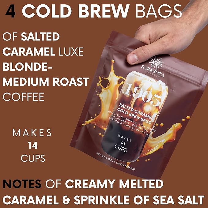 Sarasota Coffee 1905 Cold Brew Coffee Bags | Salted Caramel | Blonde-Medium Roast | Smooth & Low Acid | Ground Filter Packs | Cold Brew Kit Makes 14 Cups | Creamy Caramel & Sea Salt Notes