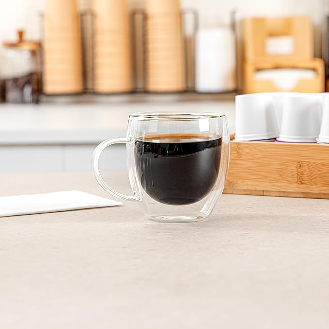Restaurantware-Forma Professional 8.5 Ounce Glass Coffee Cups, 12 Insulated Coffee Cups With Handle - Dishwashable, Reusable, Clear Double Wall Beverage Tumblers, Freezable, For Hot Or Cold Beverages