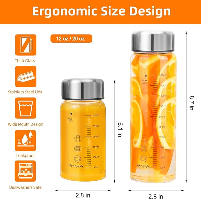Glass Juice Bottles 4 Pack 20 oz - Wide Mouth Glass Water Bottles with Lids - for Juicing, Smoothies, Milk, Protein, BPA Free, Reusable, Stainless Steel Lids, Leak Proof, Shaker bottle (20oz/600ml)