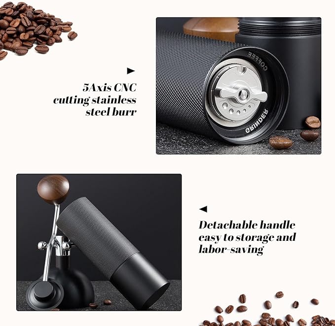 Manual Coffee Grinder Capacity 25 Grams, Stainless Steel Burrs - Wooden Handle, Burr Coffee Grinder for Home, Office, Camping, Hiking (Grey)