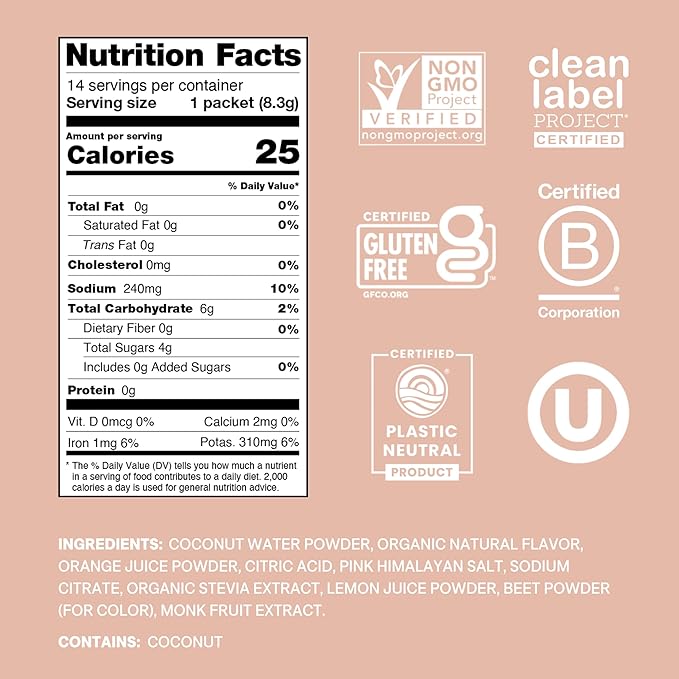 Cure Hydration | Plant-Based Electrolyte Drink Mix | No Added Sugar | FSA-HSA | Dehydration Relief Powder Made with Coconut Water | Non-GMO | Vegan | Pouch of 14 Packets - Grapefruit