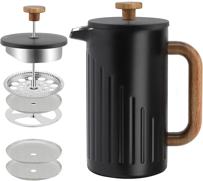 Rorence 34oz French Press Coffee Maker, Coffee Press with Real Wood Handle & Plunger Head, Double Wall Insulation & Dual-Filter Screen, incl. replaced filters & instructions, Black