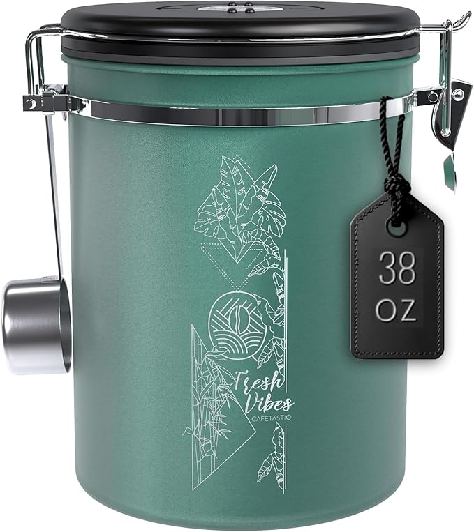 38oz / 22oz Coffee Canister – Airtight Stainless Steel Storage Container with Date Tracker & Scoop, Sealed Jar for Grounds, Beans, Tea, Flour, Cereal, and Sugar (Green Vibes, 38OZ)