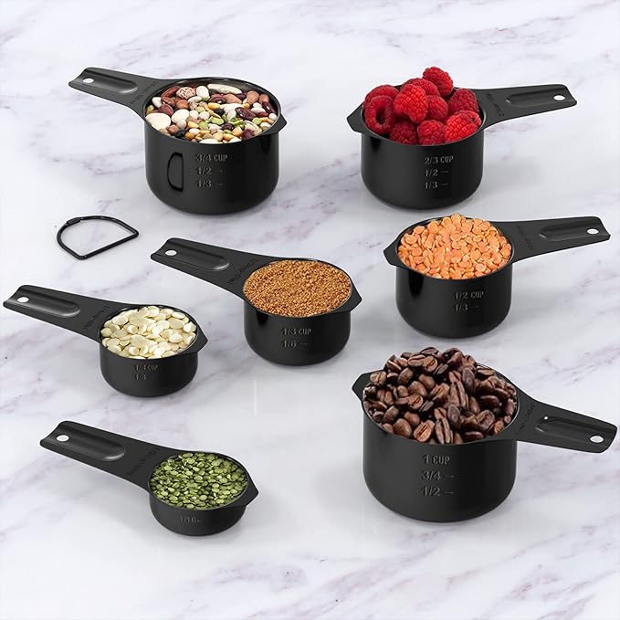 Stainless Steel Measuring Cups, Wildone Metal Measuring Cups Set with Easy to Read Markings for Measuring Dry or Liquid Ingredients, Set of 7 (Black)