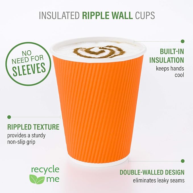 Restaurantware 8 Ounce Double Wall Disposable Coffee Cups, 500 Insulated Orange Paper Cups With Ripple Wall Design, Lids Sold Separately for Hot Beverages like Tea, Hot Chocolate, and More