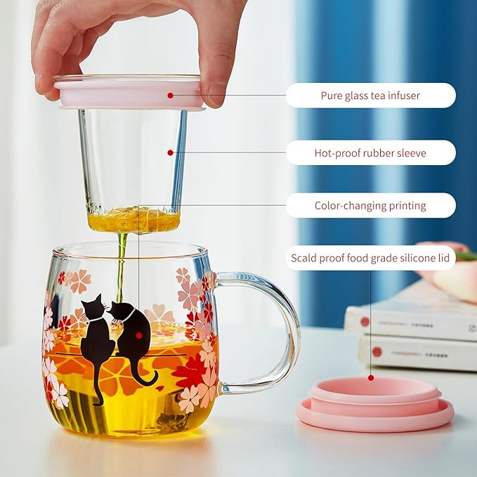 Glass Tea Cup with Infuser and Lid, 16.2oz/480ml Large Borosilicate Teacup,Tea Glass, Clear Mug for Loose Leaf Tea, Blooming Tea, Microwave & Dishwasher Safe - Tea Maker Gift for Birthday