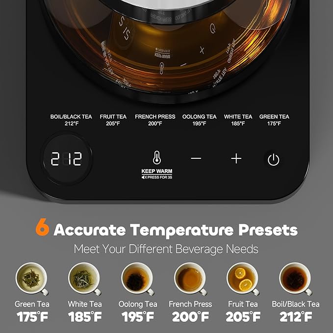 Electric Tea Kettle with Infuser 1.7L Glass Electric Kettle with Temperature Control Automatic Shut Off 12H Keep Warm for Tea Coffee Water Heater, Black