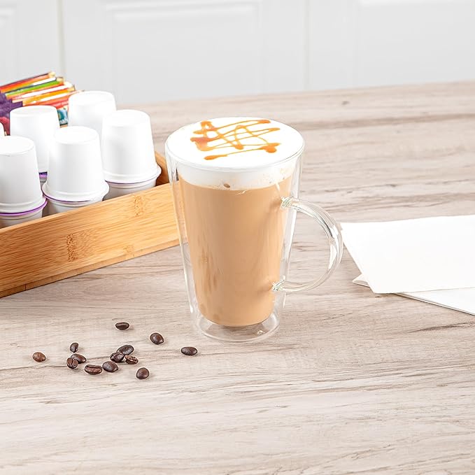 Restaurantware-Forma Professional 13.5 oz Double Wall Glass Mugs, 12 Insulated Coffee Mugs With Handle - Dishwashable, Reusable, Clear Glass Beverage Cups, Freezable, For Hot Or Cold Beverages