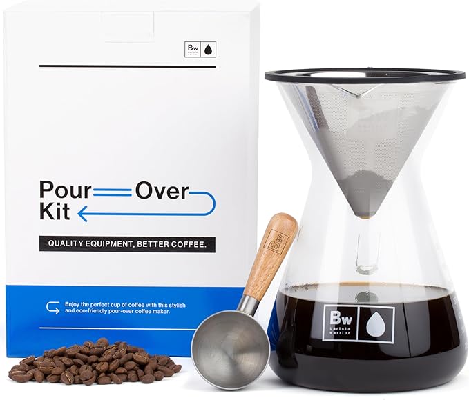 Barista Warrior Pour Over Coffee Maker Set – Pour Over Kit Includes Large Glass Carafe, Reusable Dripper Filter, and Coffee Scoop – 8 Cup Drip Brewer (34oz | 1000ml)
