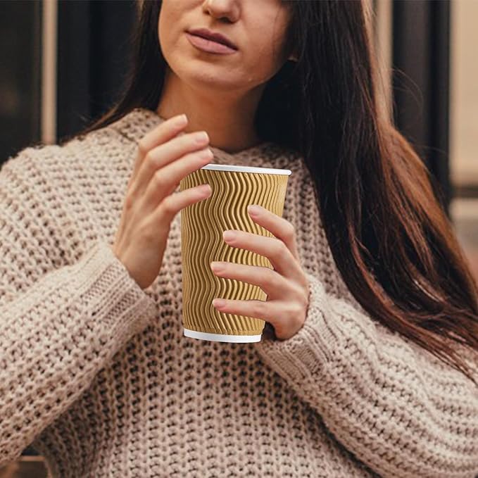 90 Pack 16 oz Disposable Coffee Cups No Lids, Champagne Insulated Ripple Wall Paper Coffee Cups 16oz, Kraft Corrugated Beverage Paper Cups for Hot Chocolate, Home, Travel, Office, Tea