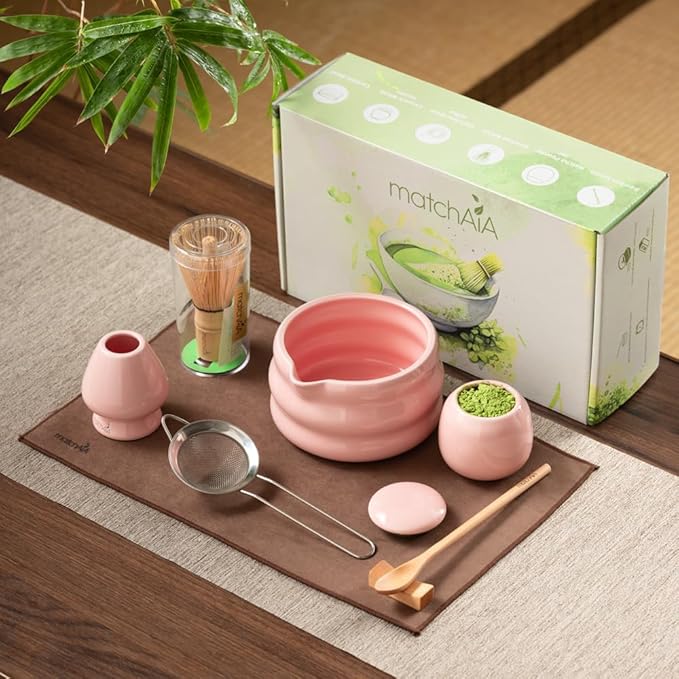Matcha Whisk Set - Ceramic Bowl, Bamboo Whisk with Holder, Storage Canister, Sifter, Schima Spoon with Rest, Tea Towel - 8 Pcs Complete Kit for Traditional Matcha and Modern Lattes (Pink)